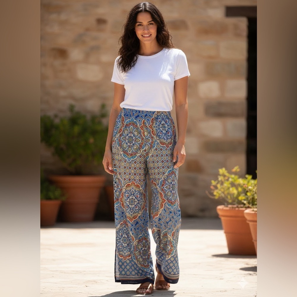 Melissa Paige Women's Size XL Blue Patterned Wide-Leg Pants
